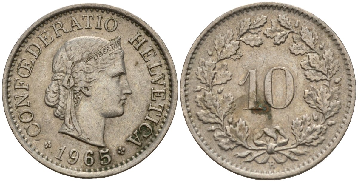 Швейцария 10 раппенов 1965 B KM 27 медно-никель 4189-412