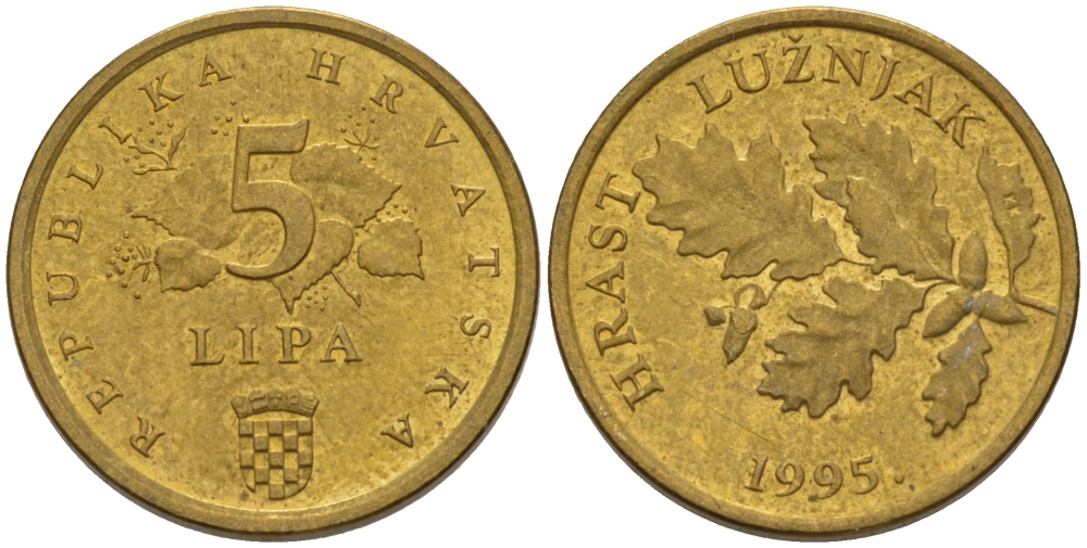 Хорватия 5 лип 1995 дуб, легенда на хорватском KM 5 сталь плакированная латунью 66-519