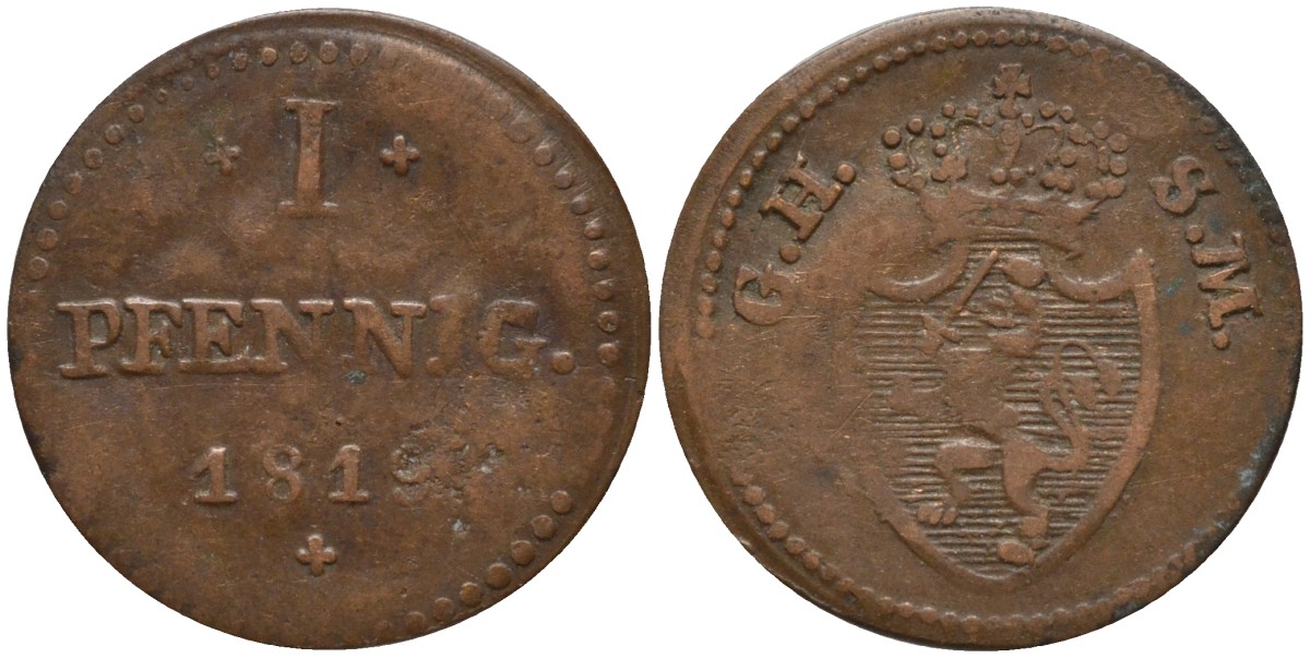 Гессен-Дармштадт 1 пфенниг 1819 GH-SM, Великий Герцог Людвиг I (1806-1830) KM 280 медь 4532-639