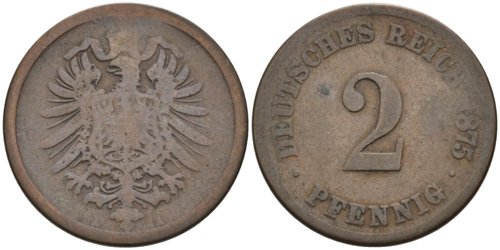 Германия 2 пфеннига 1875 A, старогербовка KM 2, J. 2 медь 4575-624