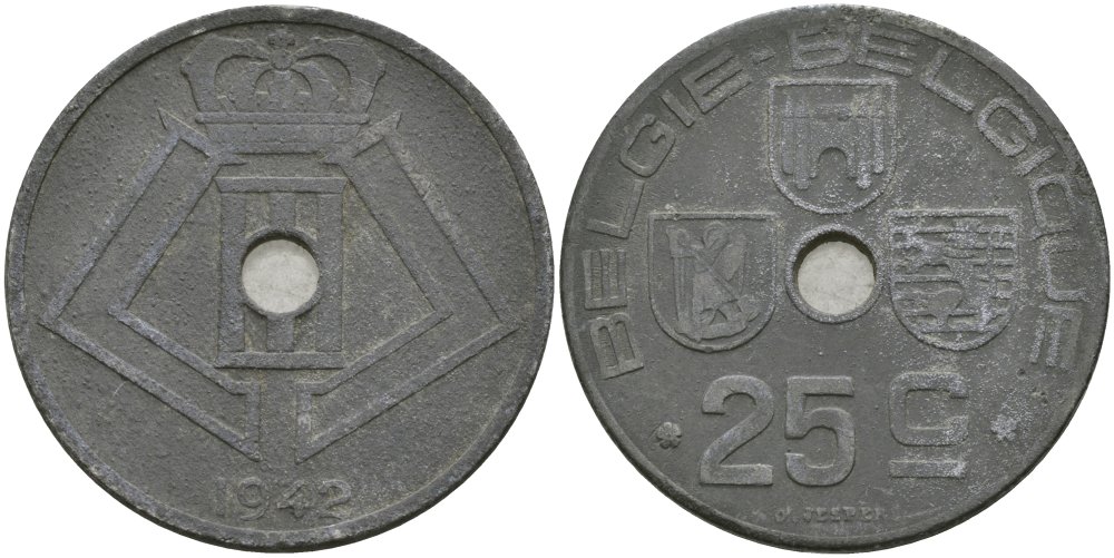 Бельгия 25 сантимов 1942 Belgie-Belgique, Леопольд III (1934-1947) KM 132 цинк 4579-242