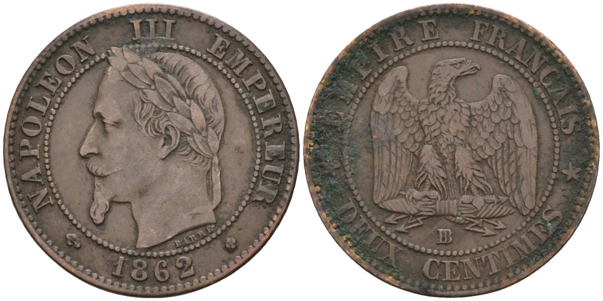 Франция 2 сантима 1862 ВВ, Наполеон III (1852-1870) KM 796.5 бронза 4585-744