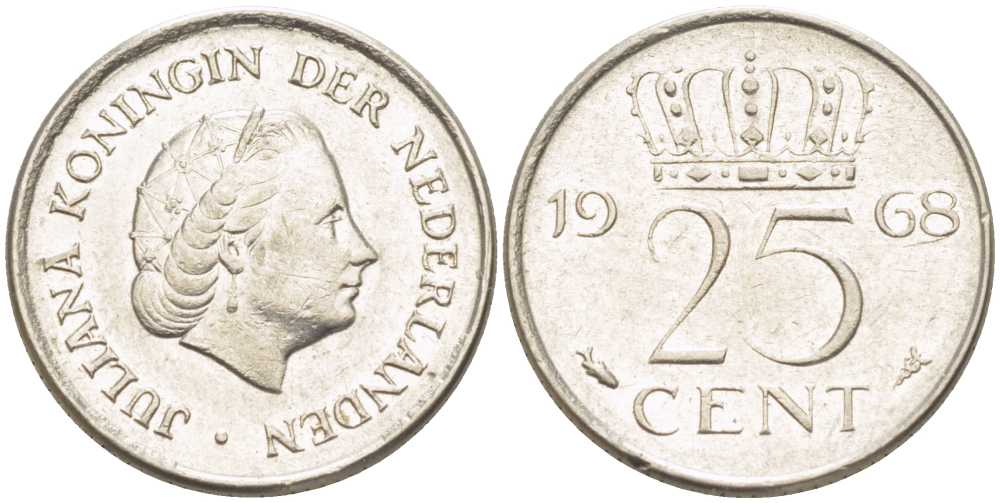 НИДЕРЛАНДЫ 25 ЦЕНТОВ 1968 ЮЛИАНА (1948-1980) KM 183 никель 214-952