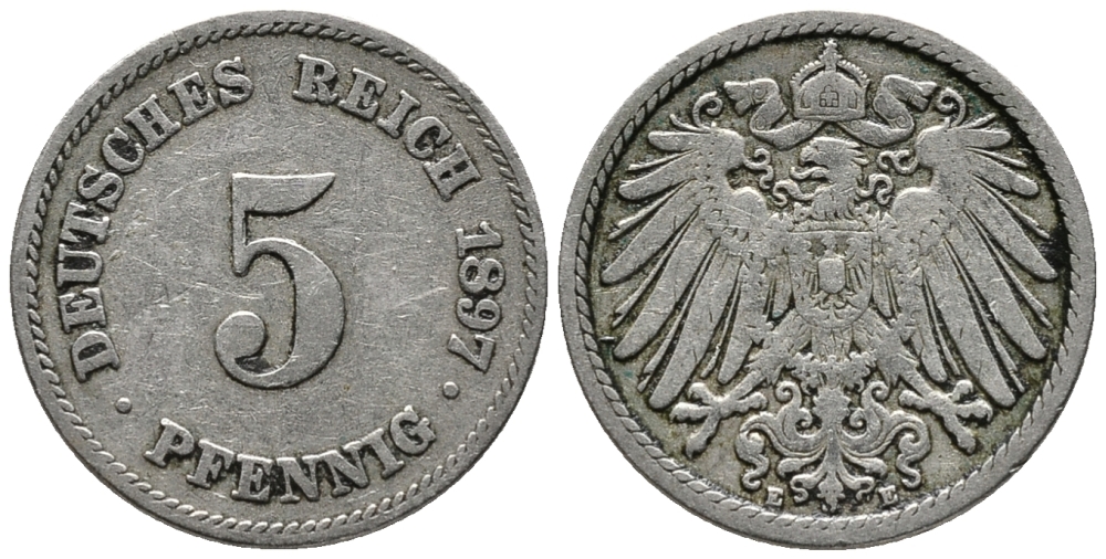 ГЕРМАНИЯ 5 ПФЕННИГОВ 1897 E KM 11, J. 12 медно-никель 39-726