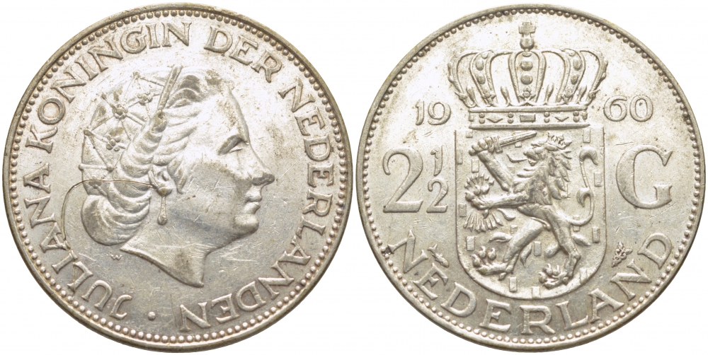 Нидерланды 2 1/2 гульдена 1960 Юлиана (1948-1980) KM 185 серебро 114-526