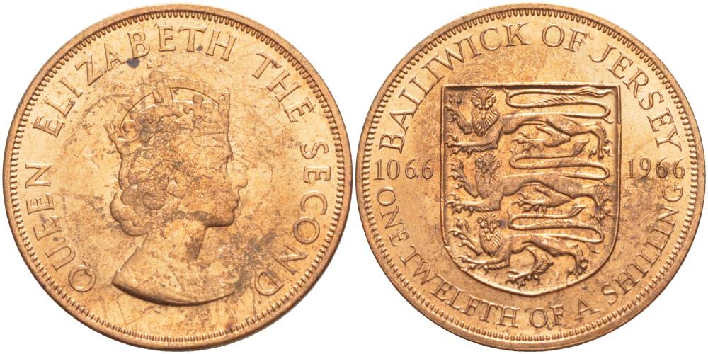 Джерси 1/12 шиллинга 1966 900 лет Нормандскому завоеванию KM 26 бронза UNC 4542-713