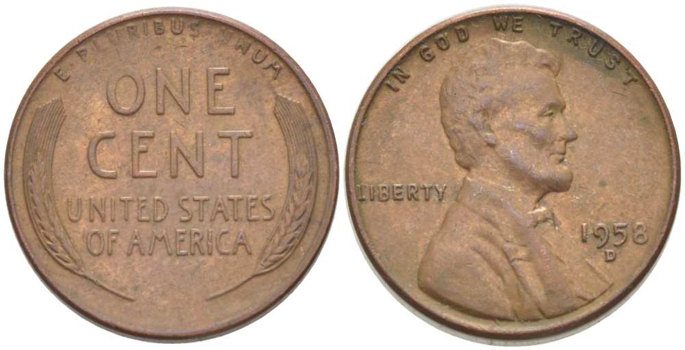 США 1 ЦЕНТ 1958 D, ЛИНКОЛЬН KM А132 медь цинк 218-738