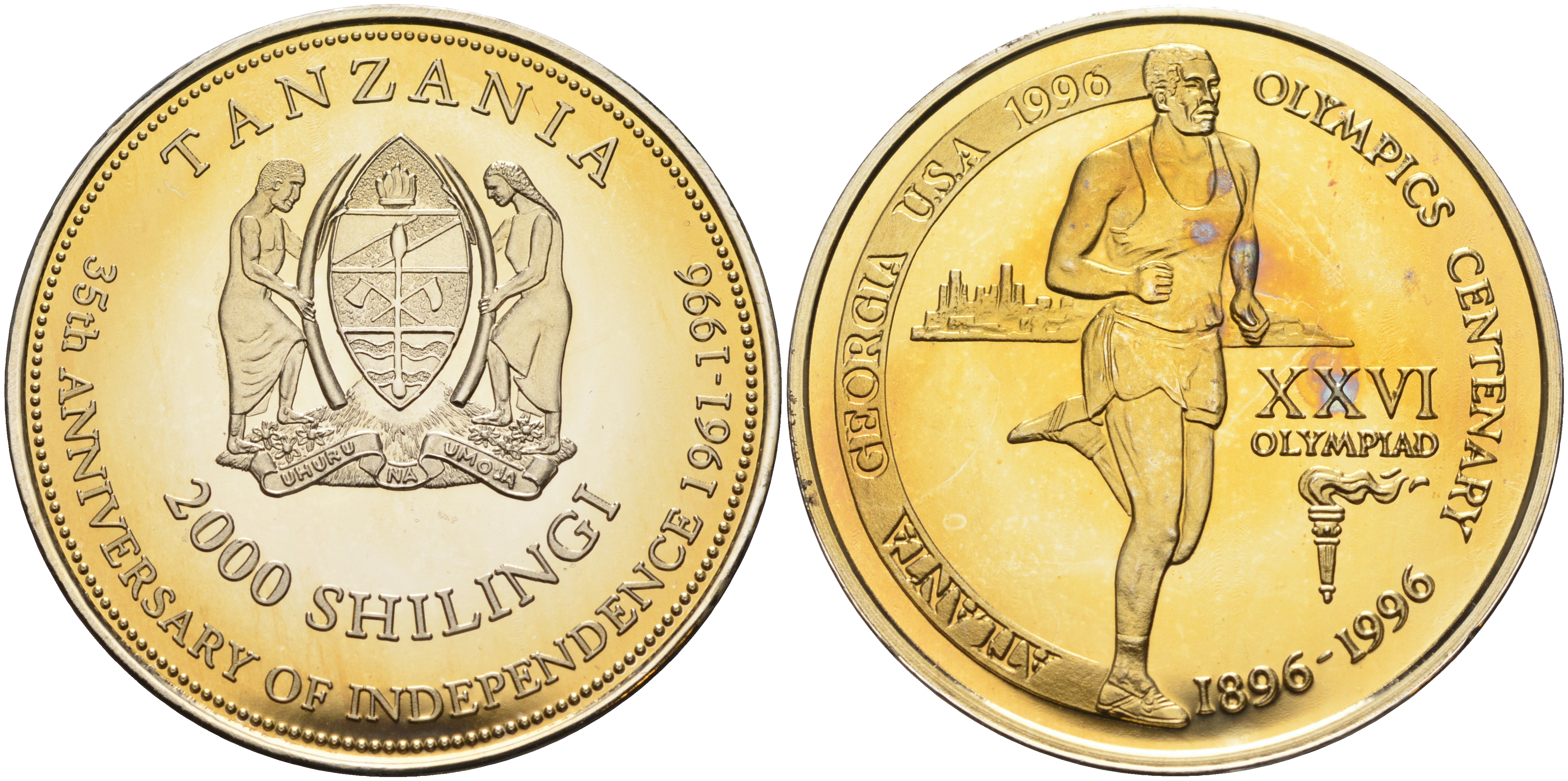Танзания 2000 шиллингов 1996 XXVI Олимпийские игры 1996 года в Атланте, 100 лет Олимпийскому движению, бег, пробник, гладкий гурт медно-никель PROOF 06-135-14