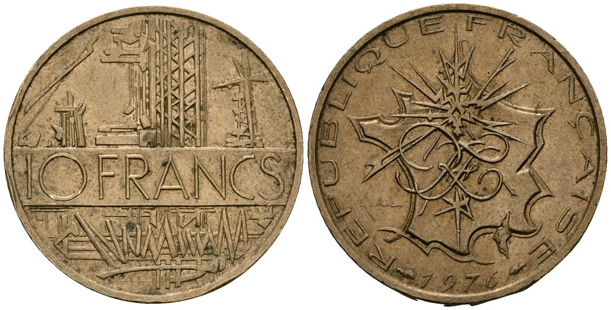 Франция 10 франков 1976 тип Матье KM 940, Le Franc 365.7-8 никель латунь 4120-511