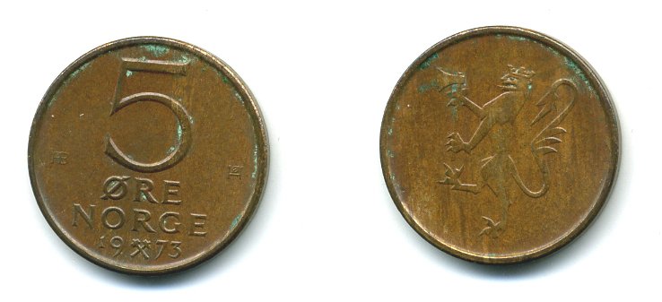 Норвегия 5 эре 1973 Улаф V (1958-1991) ​KM 415 бронза 4364-923