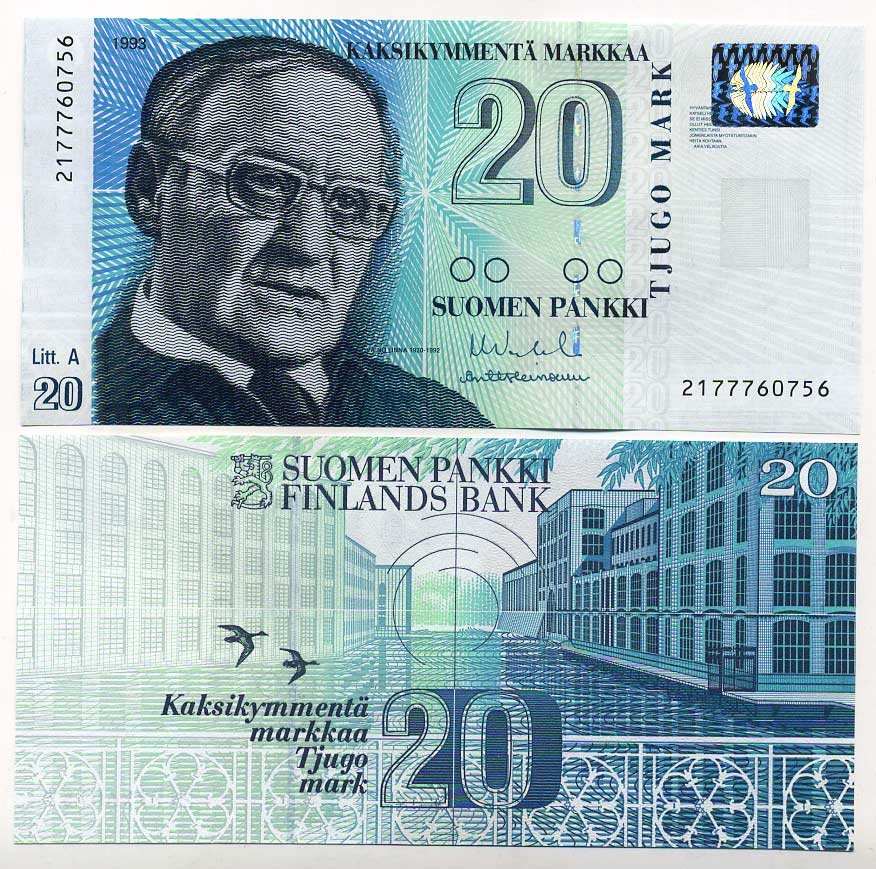 Финляндия 20 марок 1993 Вяйнё Линна Pick 122 бумага aUNC 450-96-3