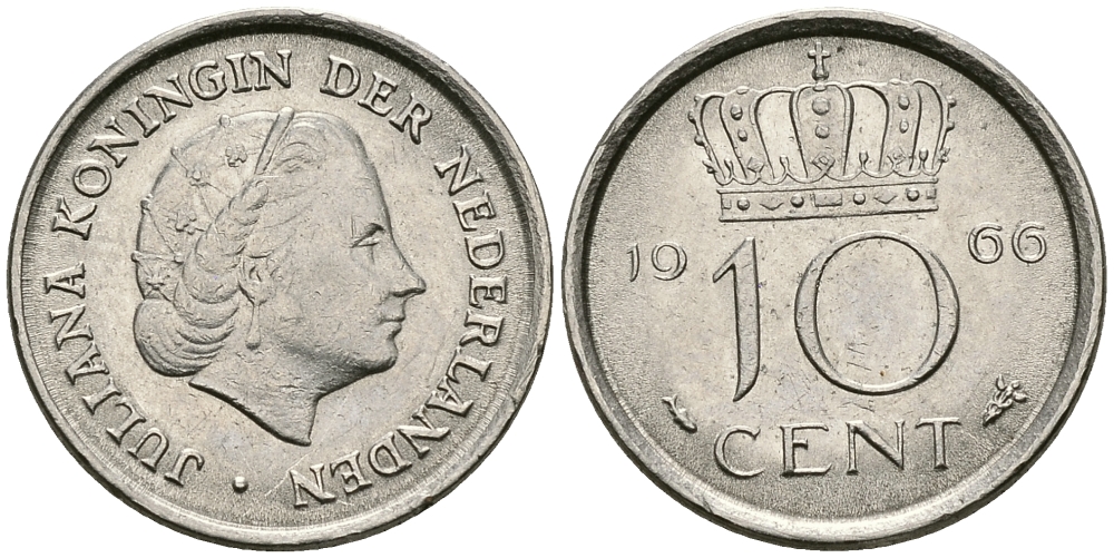 НИДЕРЛАНДЫ 10 ЦЕНТОВ 1966 ЮЛИАНА KM 182 никель 96-366