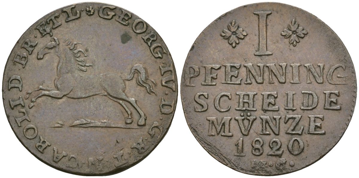 Брауншвейг 1 пфенниг 1820 MC, Карл II (1815-1830) KM 1079.2, AKS 46, Jaeger 220 b медь 08-935
