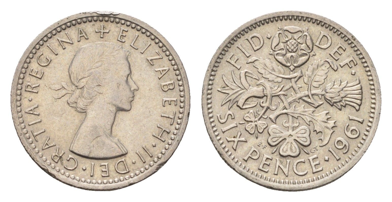 Великобритания 6 пенсов 1961 Елизавета II (1952-2022) KM 903, Spink 4149 медно-никель 4708-346