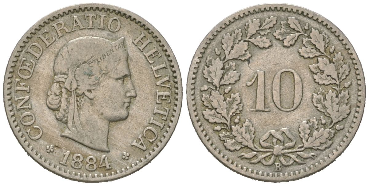 Швейцария 10 раппенов 1884 B KM 27 медно-никель 39-237