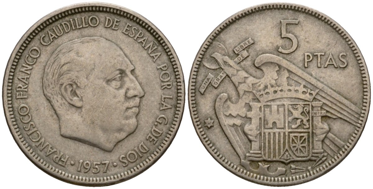 Испания 5 песет 1957 (65) Франсиско Франко (1939-1975) KM 786 медно-никель 186-637