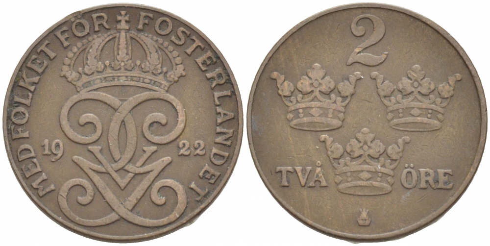 Швеция 2 эре 1922 Густав V (1907-1950) KM 778 бронза 4402-317