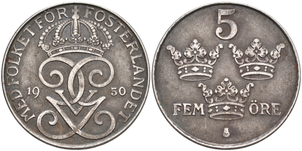 Швеция 5 эре 1950 Густав V (1907-1950) KM 812 железо 4557-732