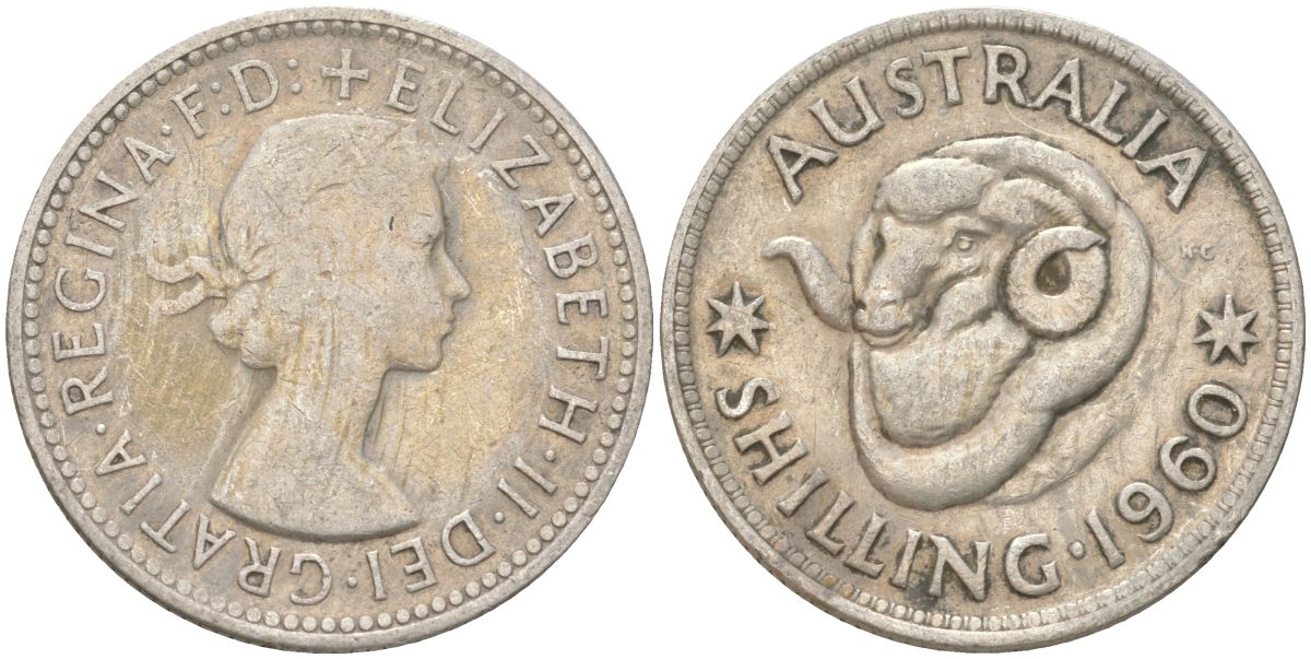 Австралия 1 шиллинг 1960 M, Елизавета II (1952-2022), овца меринос KM 59 серебро 4622-227