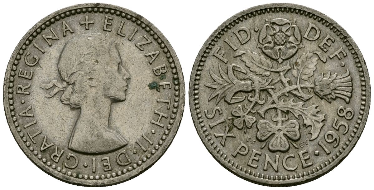 Великобритания 6 пенсов 1958 Елизавета II (1952-2022) KM 903, Spink 4149 медно-никель 4167-1246
