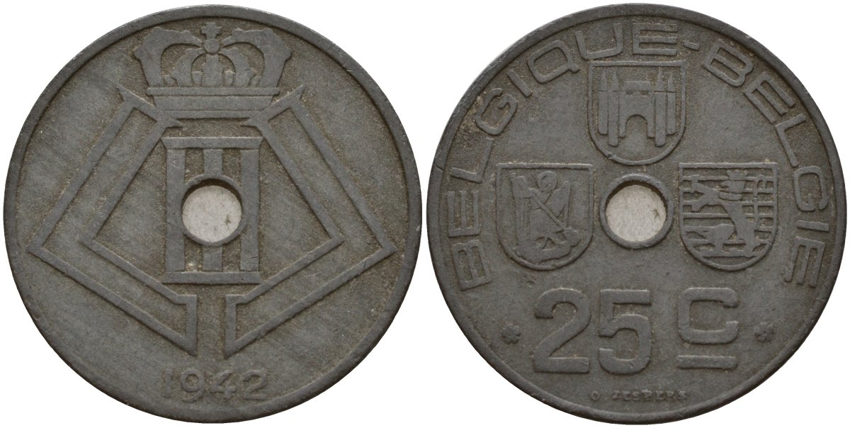 Бельгия 25 сантимов 1942 Belgique - Belgie, Леопольд III (1934-1947), германская оккупация, Вторая мировая война KM 131 цинк 4157-434