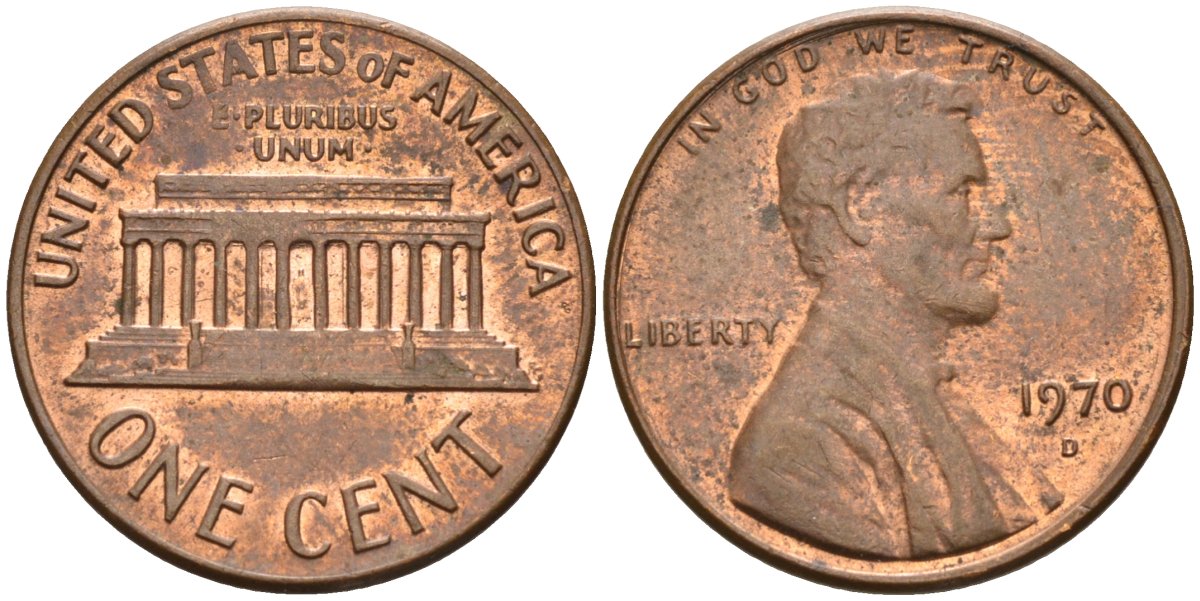 США 1 цент 1970 D, Линкольн KM 201 медь цинк 4115-863