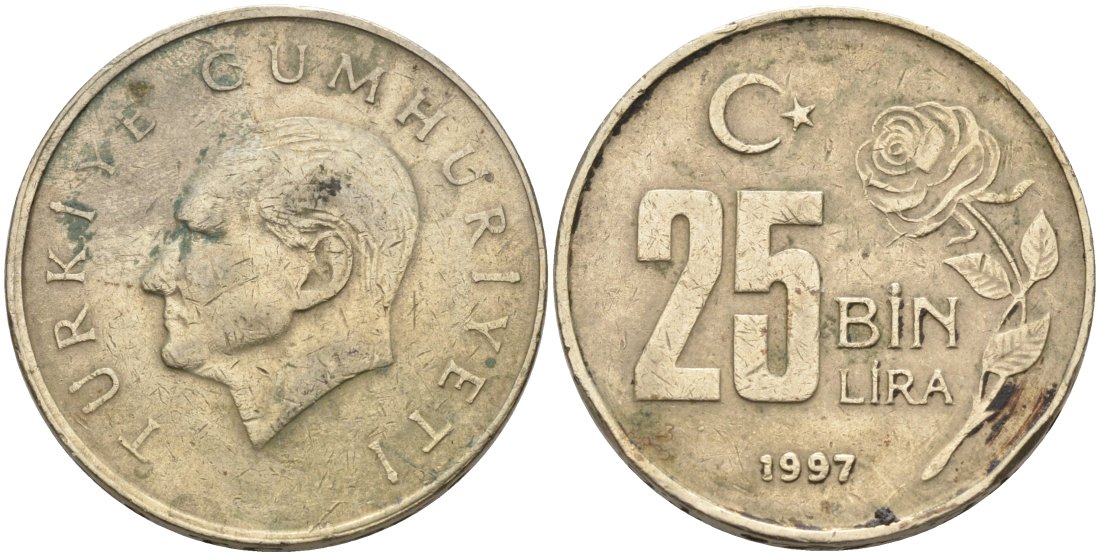 Турция 25000 лир 1997 Мустафа Кемаль Ататюрк KM 1041 медь никель цинк 4572-1026