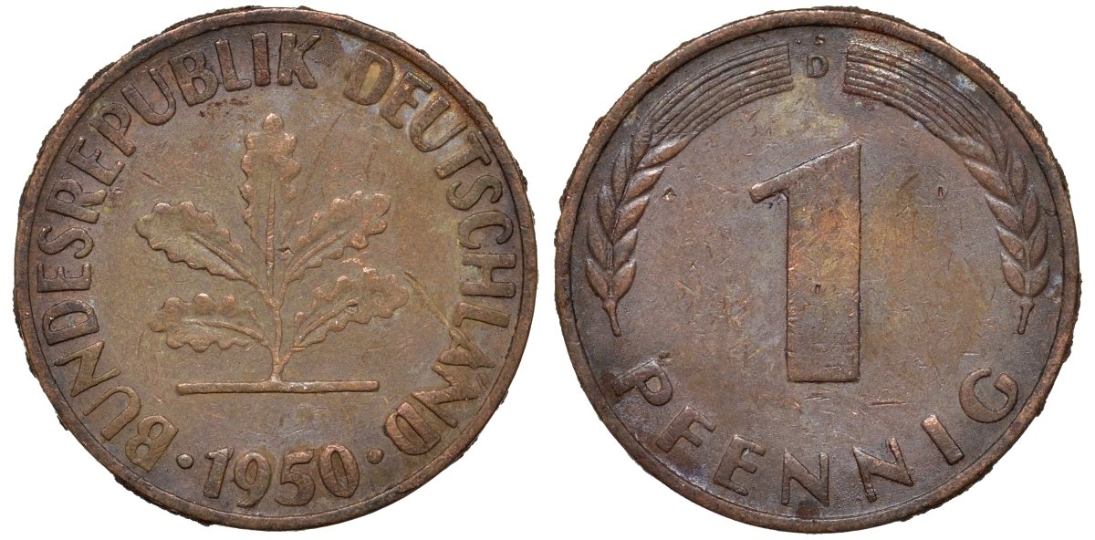 ФРГ 1 пфенниг 1950 F KM 105, J.380 сталь плакированная медью 4174-442