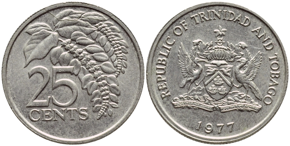 Тринидад и Тобаго 25 центов 1977 цветок дикая пуансеттия KM 32 медно-никель 4396-735