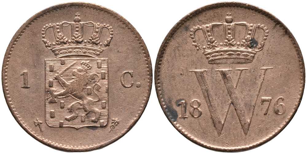 НИДЕРЛАНДЫ 1 ЦЕНТ 1876 ВИЛЛЬЯМ III (1849-1890) KM 100 медь 117-454