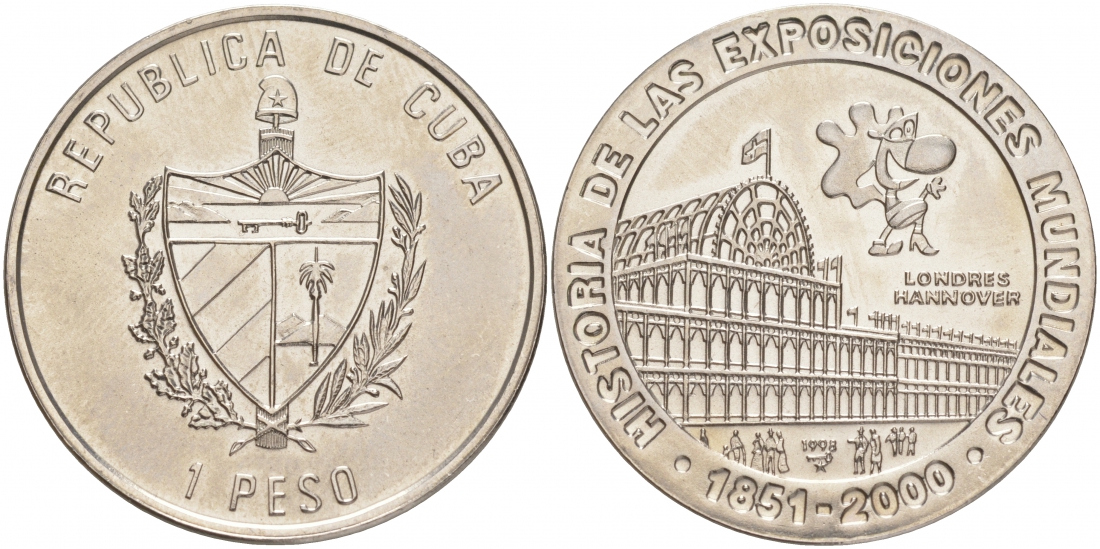 Куба 1 песо 1998 серия история мировых выставок, Лондон 1851 KM 105 никелированная сталь UNC M29-13