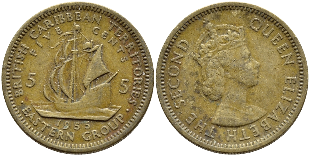 Британские Восточно-Карибские территории 5 центов 1955 Елизавета II (1952-2022), парусник KM 4 никель латунь 89-1141