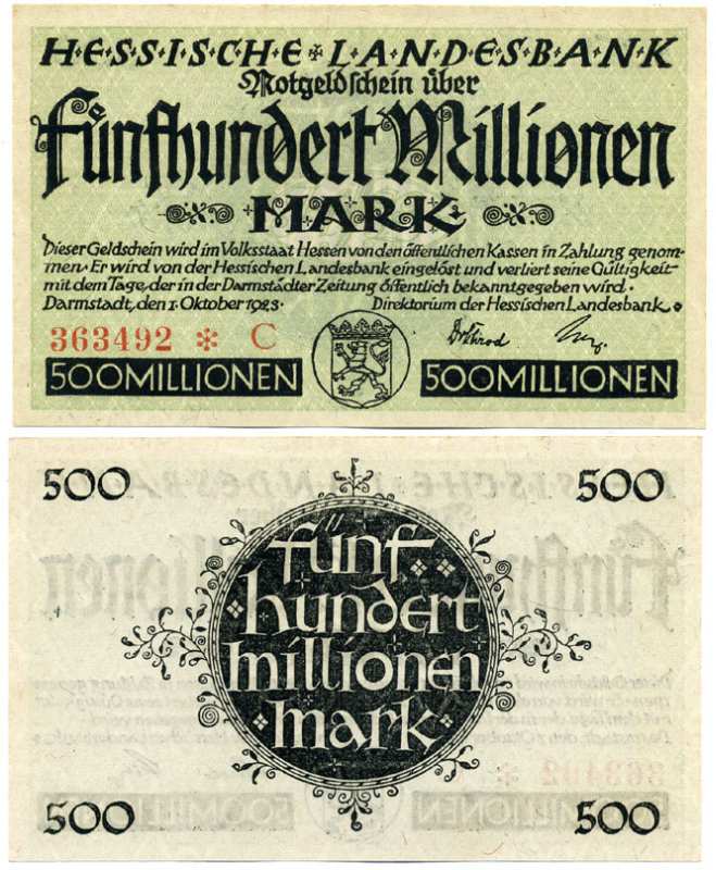 Германия, Дармштадт 500000000 марок (500 миллионов) 1923 1 октября 1923, нотгельд, земля Гессен, номер, снежинка, серия С, Hessesche Landesbank Keller 956е  бумага  аUNC  8613-20-3-2