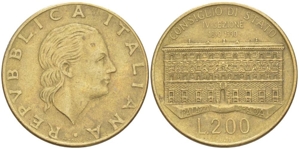 Италия 200 лир 1990 R, 100 лет государственному совету KM 135 алюминиевая бронза 4551-1127