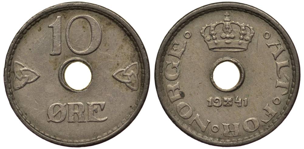 Норвегия 10 эре 1941 Хокон VII (1905-1957) KM 383 медно-никель 4549-952