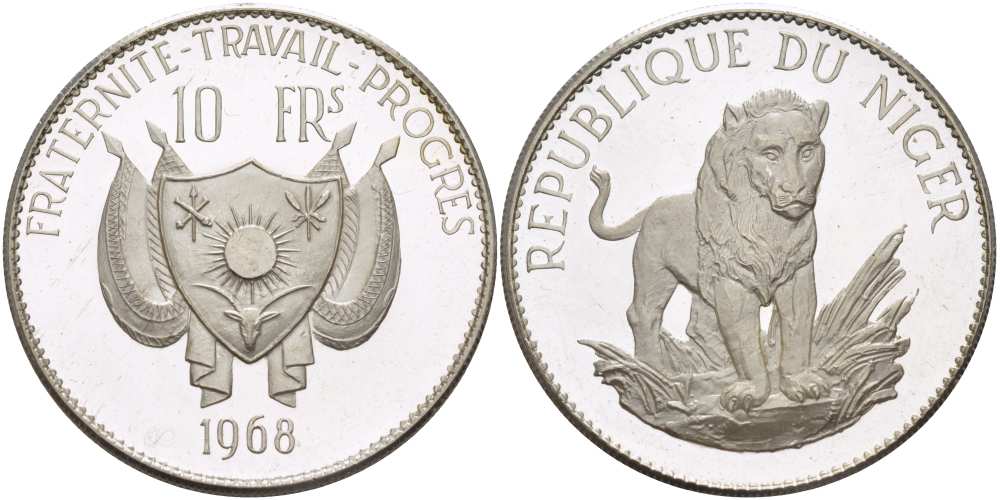 Нигер 10 франков 1968 лев, без черты над Е, в слове Republique KM 8.2 серебро PROOF 02-078-34