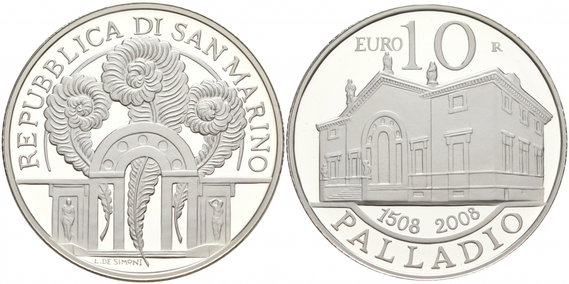 Сан-Марино 10 евро 2008 500 лет Андреа Палладио KM 514 серебро PROOF 1074-10-42