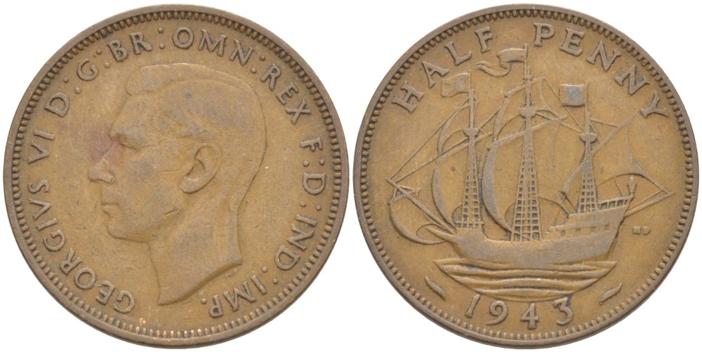 Великобритания 1/2 пенни 1943 Георг VI (1936-1952) KM 844, Spink 4115 бронза 4538-136