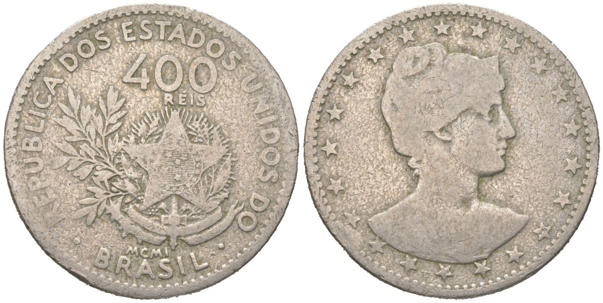 Бразилия 400 реалов 1901 MCMI, голова свободы вправо KM 505 медно-никель 4612-511