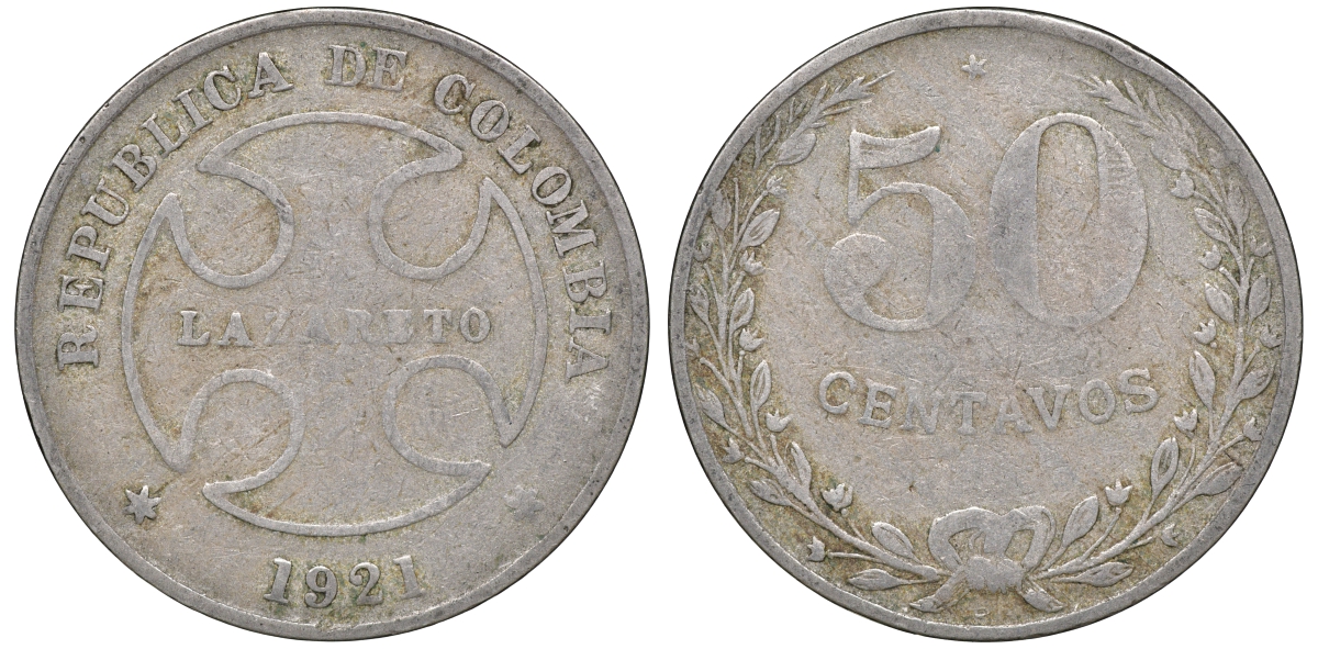 Колумбия 50 сентаво 1921 государственный лепрозорий KM L13 медно-никель 53-942
