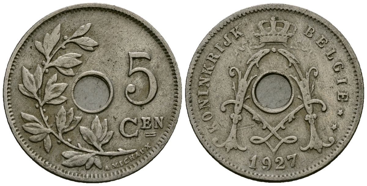 Бельгия 5 сантимов 1927 Belgie KM 67 медно-никель 4173-316