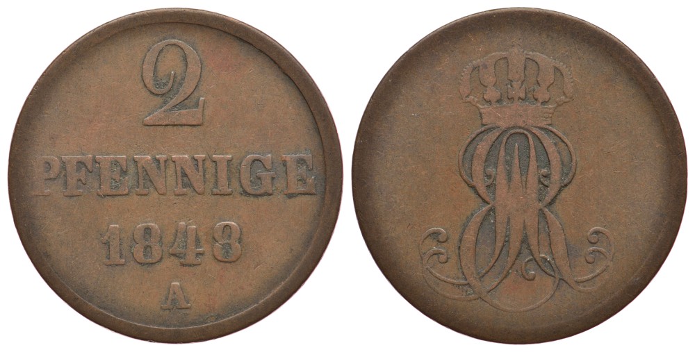 Ганновер 2 пфеннига 1848 A, Эрнст Август (1837-1851) KM 202.2, AKS 125, J. 75 медь 413-3312