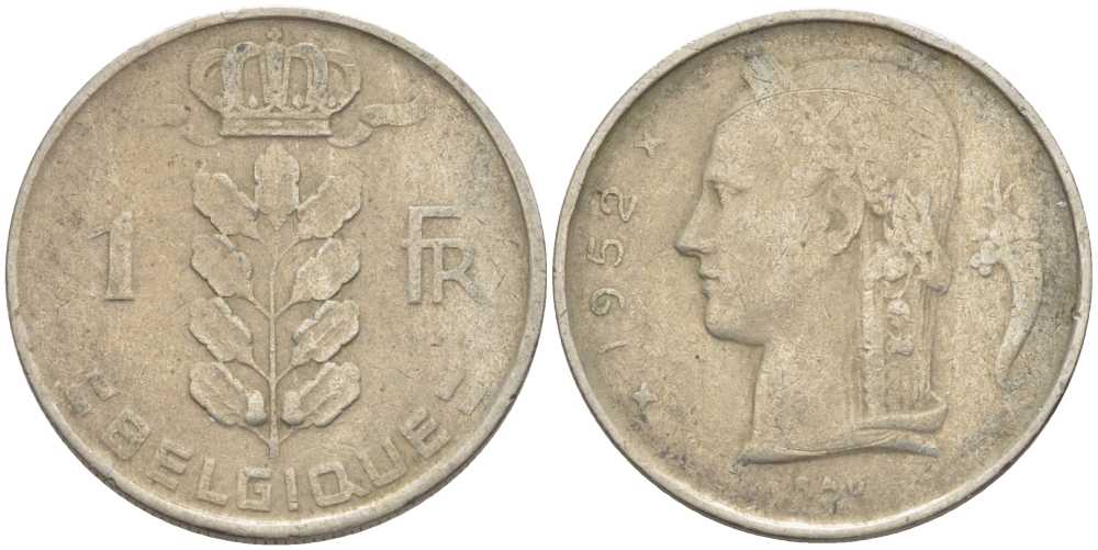 БЕЛЬГИЯ 1 ФРАНК 1952 BELGIQUE, БОДУЭН I (1951-1993) KM 142.1 медно-никель 119-436