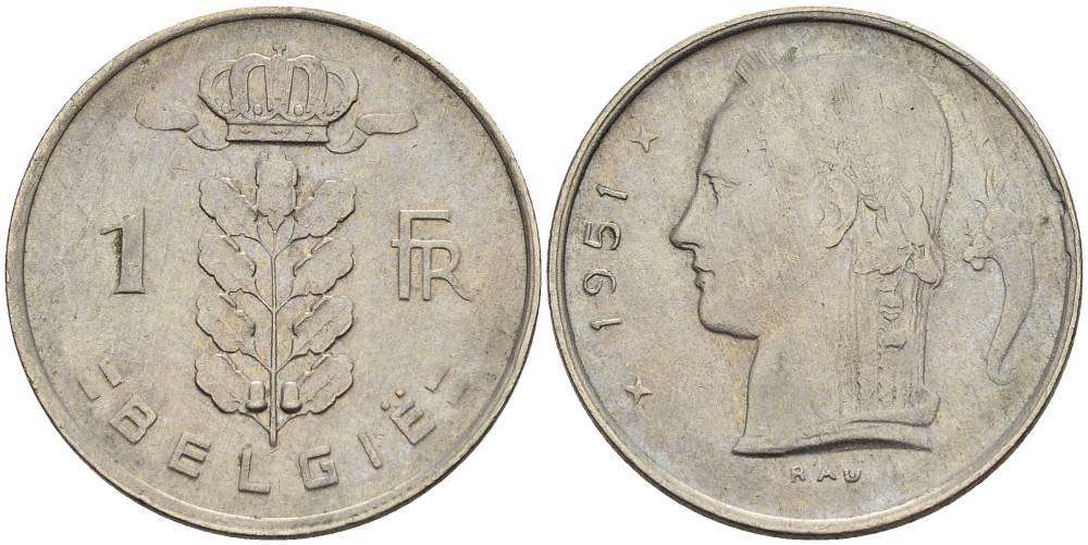 БЕЛЬГИЯ 1 ФРАНК 1951 BELGIE KM 143.1 медно-никель 4546-335