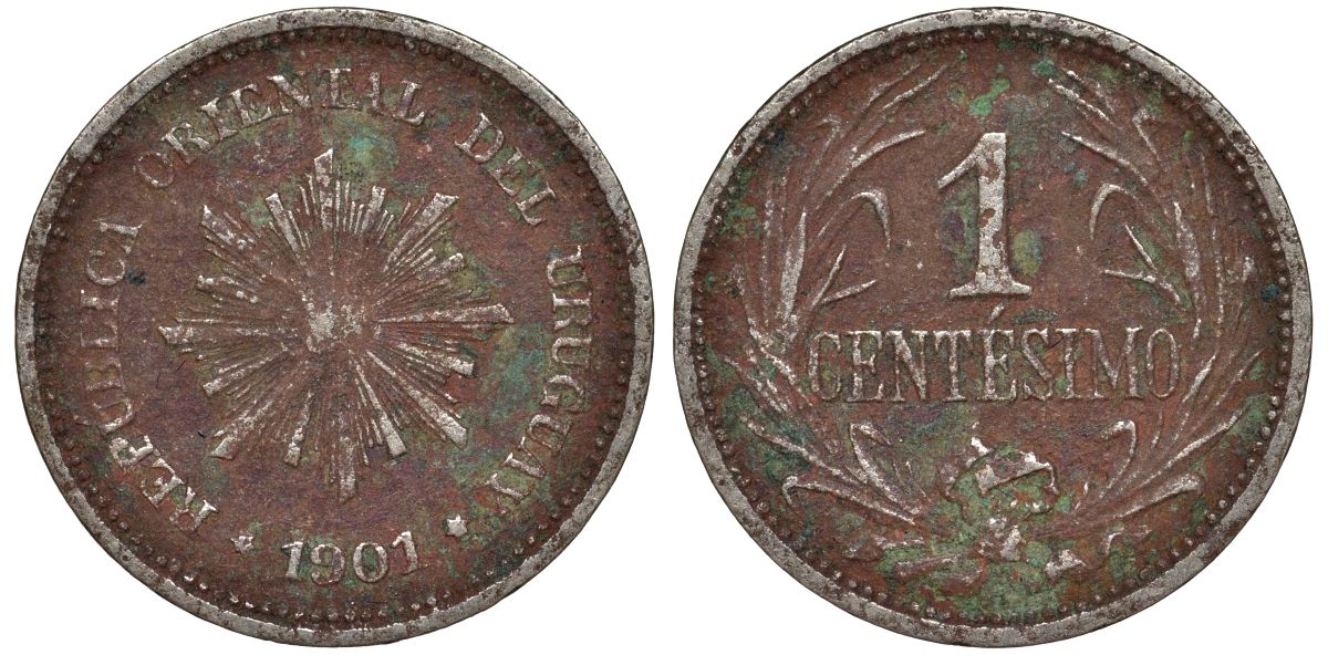 Уругвай 1 сентесимо 1901 KM 19 медно-никель 4169-556
