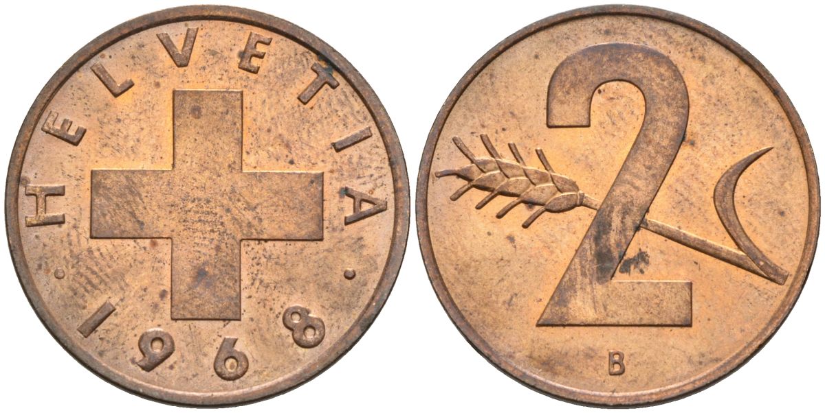 Швейцария 2 раппена 1968 В KM 47 бронза UNC 4573-1132