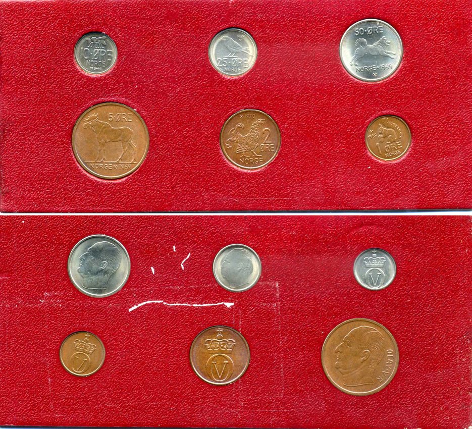 Норвегия набор из 6 монет 1969-1970 Улаф V, животные, в картонном буклете UNC 4-4-1-12