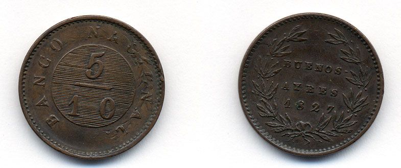 Аргентина, Буэнос-Айрес 5/10 реала 1827 KM 3 медь 02-205-51