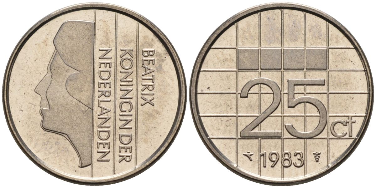 Нидерланды 25 центов 1983 Беатрикс (1980-2013) KM 204 никель UNC 4588-853