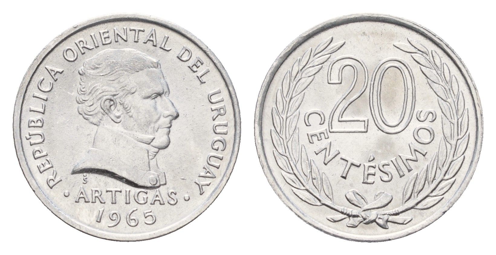 Уругвай 20 сентесимо 1965 год-тип KM 44 алюминий UNC 4173-629